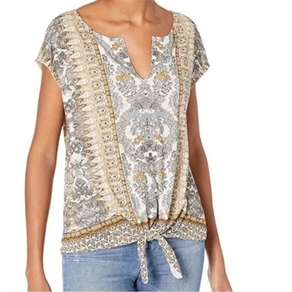 Lucky Brand Floral Tie Waist Cotton Modal V-Neck Top Shirt Boho Ornate Print Med - Picture 1 of 8
